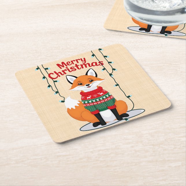 Merry Christmas, Fox! Square Paper Coaster (Angled)