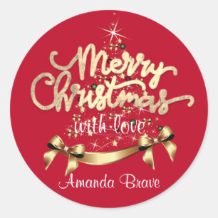 Merry Christmas Framed Golden Tree Name From Classic Round Sticker