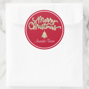 Merry Christmas Framed Tree Name Gold Glitter Classic Round Sticker