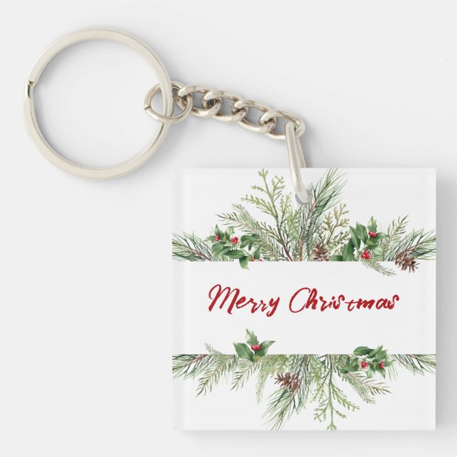 Merry Christmas Framed Winter Wheath Greeting Key Ring (Front)