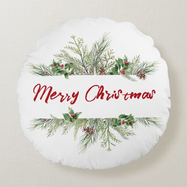 Merry Christmas Framed Winter Wheath Greeting Round Cushion (Front)
