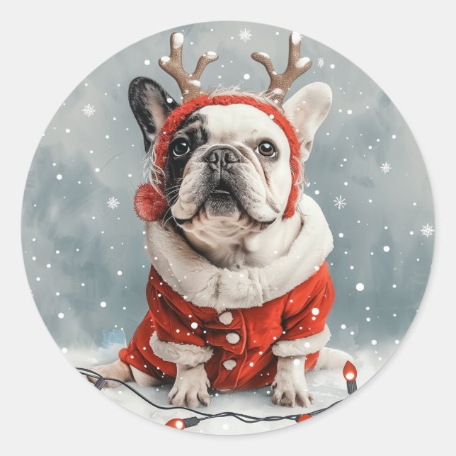 Merry Christmas French Bulldog Reindeer Dog Classic Round Sticker (Front)