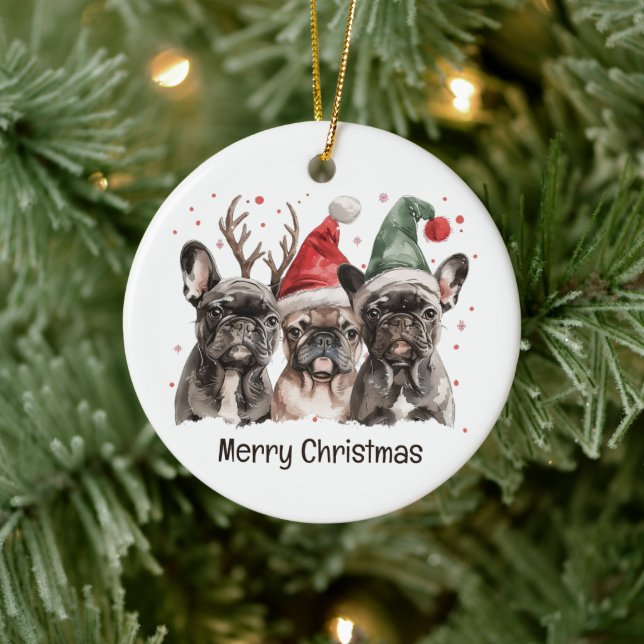 Merry Christmas French Bulldog Reindeer Dogs Ceramic Ornament (Tree)