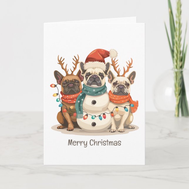 Merry Christmas French Bulldog Reindeer Dogs Holiday Card (Front)