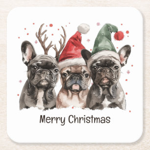 Merry Christmas French Bulldog Reindeer Dogs Square Paper Coaster