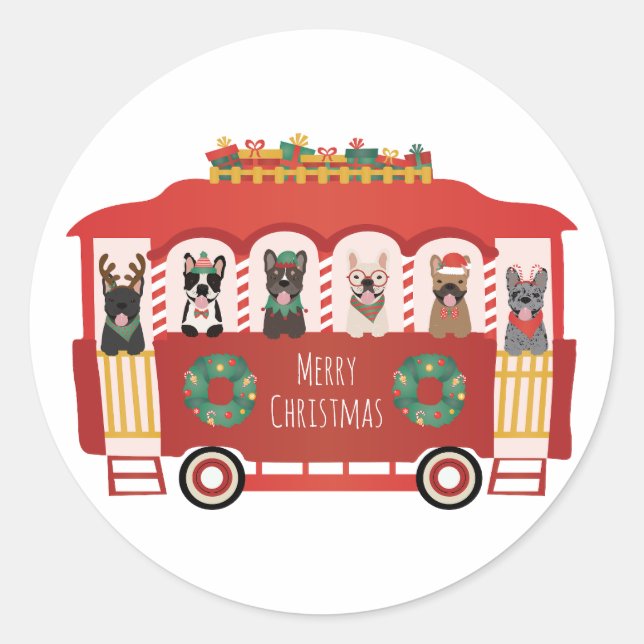 Merry Christmas French Bulldogs Holiday Trolly Classic Round Sticker (Front)