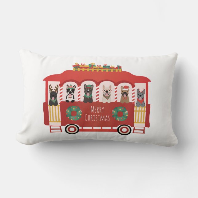 Merry Christmas French Bulldogs Holiday Trolly Lumbar Cushion (Front)
