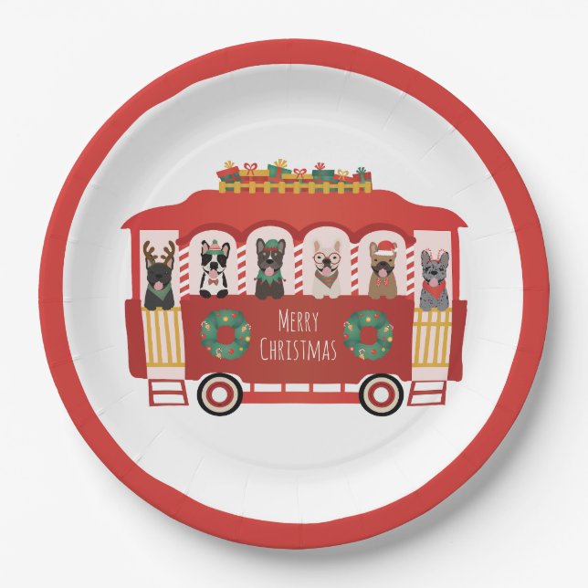 Merry Christmas French Bulldogs Holiday Trolly Paper Plate (Front)
