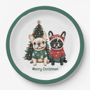 Merry Christmas French Bulldogs Paper Plate