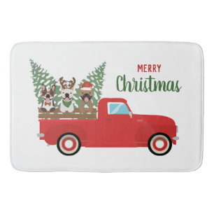 Merry Christmas French Bulldogs Red Pickup Truck Bath Mat