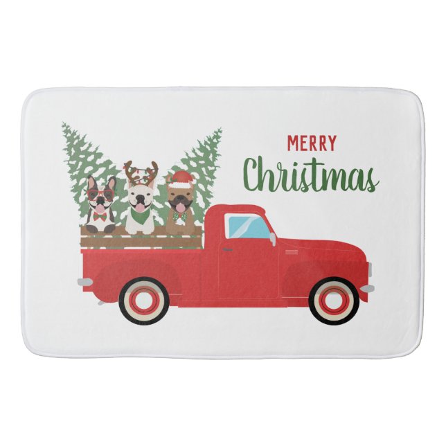 Merry Christmas French Bulldogs Red Pickup Truck Bath Mat (Front)