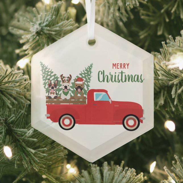 Merry Christmas French Bulldogs Red Pickup Truck Glass Tree Decoration (Insitu)
