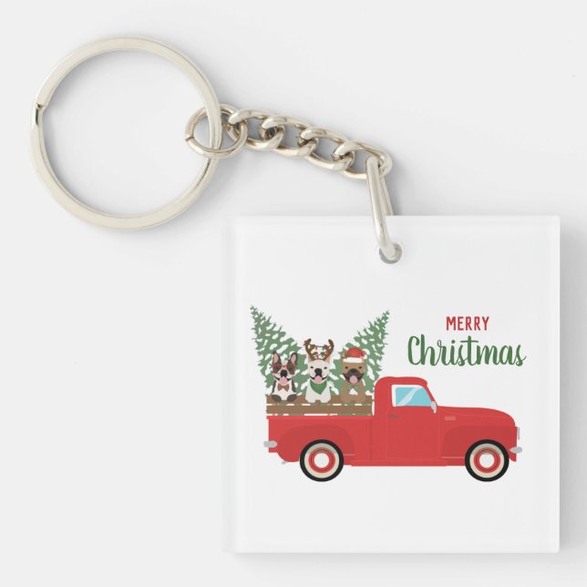 Merry Christmas French Bulldogs Red Pickup Truck Key Ring (Front)