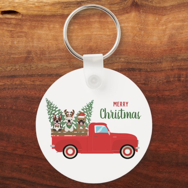 Merry Christmas French Bulldogs Red Pickup Truck Key Ring (Front)