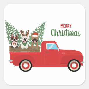 Merry Christmas French Bulldogs Red Pickup Truck Square Sticker