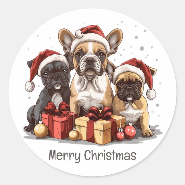 Merry Christmas French Bulldogs Santa Hat Classic Round Sticker (Front)
