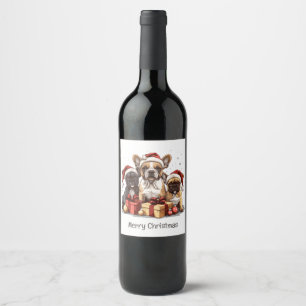 Merry Christmas French Bulldogs Santa Hat Wine Label