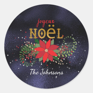 Merry Christmas French Marine Glass Glitter Classic Round Sticker