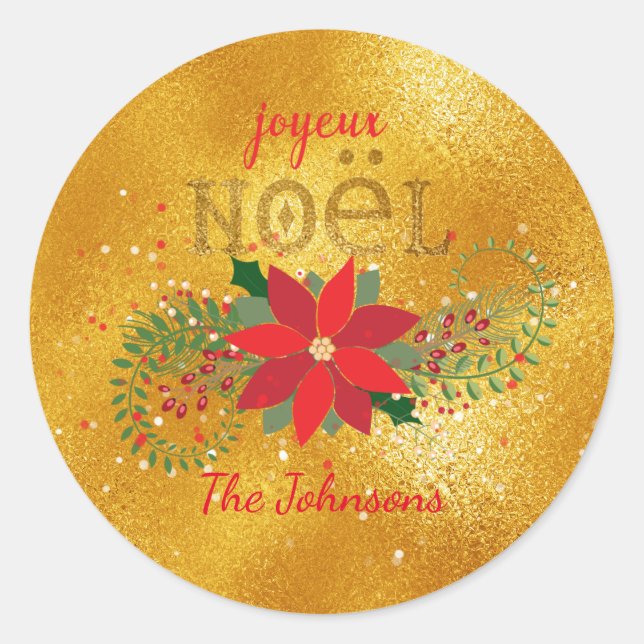Merry Christmas French Orange Glass Glitter Classic Round Sticker (Front)