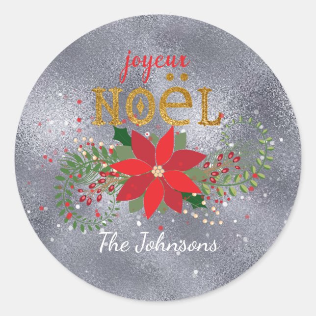Merry Christmas French Silver Glass Glitter Classic Round Sticker (Front)
