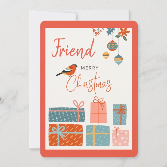 Merry Christmas Friend Bird Gifts Ornament Salmon  Holiday Card (Front)
