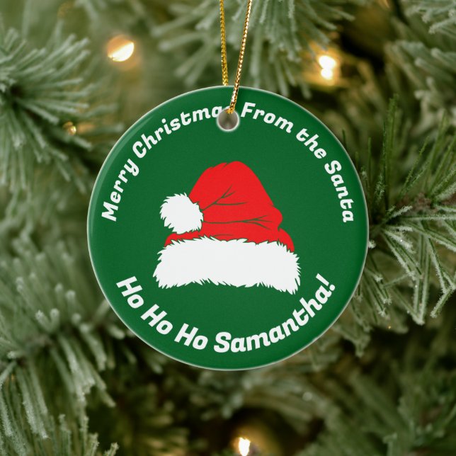 Merry Christmas Friend Santa Hat Hohoho Ceramic Ornament (Tree)