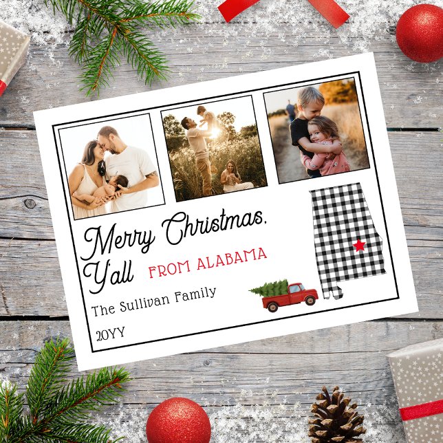 Merry Christmas from Alabama Photo Holiday Postcard (Rustic "Merry Christmas Y'all from Alabama" Three Photo and State Holiday Postcard)
