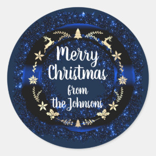 Merry Christmas From Blue Navy Reindeer Wreath Classic Round Sticker