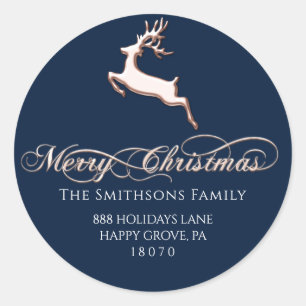 Merry Christmas From Blue Navy RSVP Rose Deer Classic Round Sticker