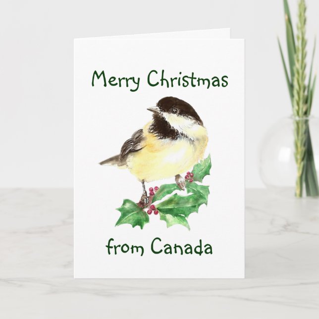 Merry Christmas from Canada, Chickadee Bird Holiday Card (Front)