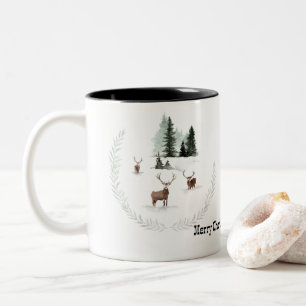 Merry Christmas From Canada Deer  In Forest Two-Tone Coffee Mug