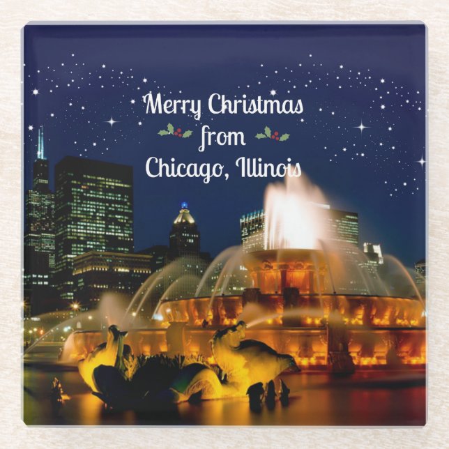Merry Christmas from Chicago,  Glass Coaster (Front)