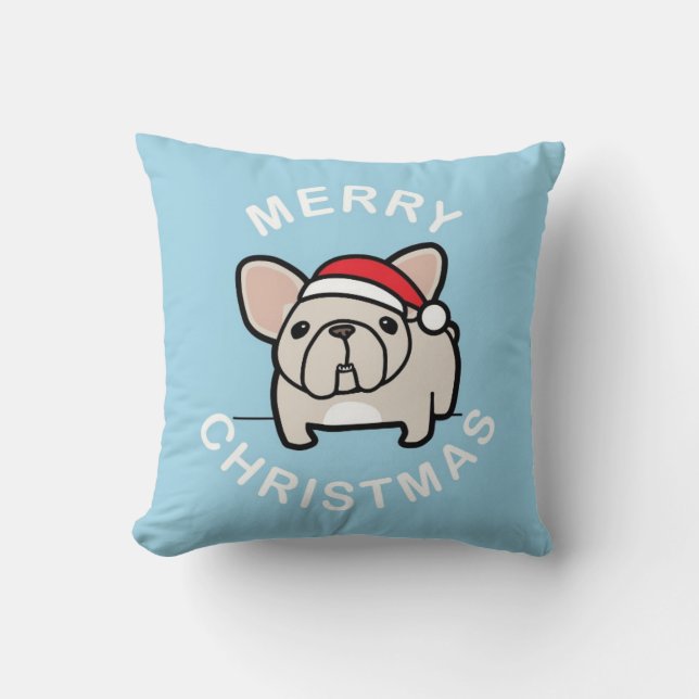Merry Christmas from Cream Santa Frenchie - Blue Cushion (Front)