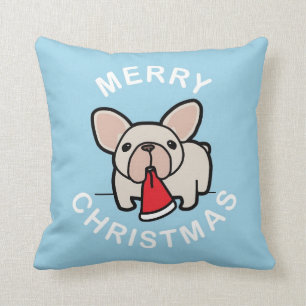 Merry Christmas from Cream Santa Frenchie - Blue Cushion