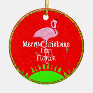 Merry Christmas from Florida and Santa Flamingo Ceramic Ornament