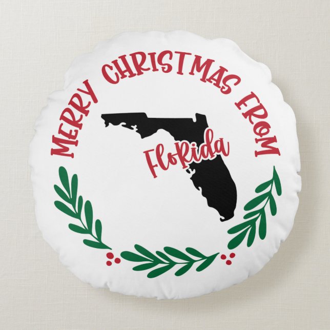 Merry Christmas From Florida US Map Red Green Round Cushion (Front)