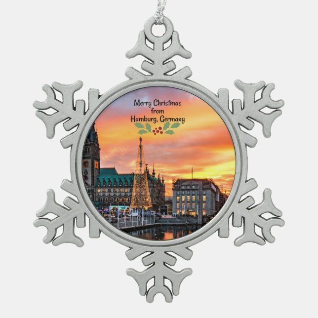 Merry Christmas from Hamburg, Germany Snowflake Pewter Christmas Ornament (Front)