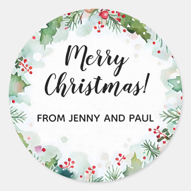 Merry Christmas From Holly and Ivy Wreath Classic Round Sticker (Front)