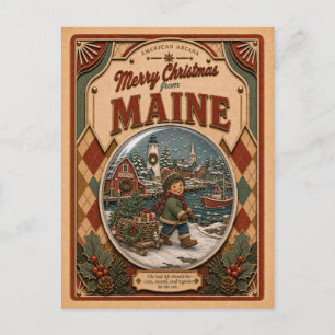 Merry Christmas from Maine Vintage Snow Globe Holiday Postcard
