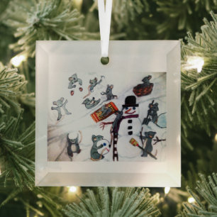 MERRY CHRISTMAS FROM MICE IN SNOW GLASS TREE DECORATION