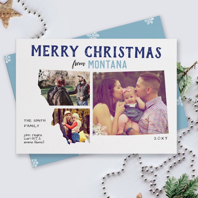Merry Christmas from Montana Three Photo Holiday Card (From the state of Montana with love three photo Christmas holiday card and moving announcement)