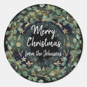 Merry Christmas From Name Black Mint Gold Wreath Classic Round Sticker