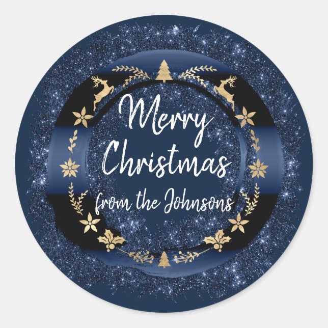 Merry Christmas From Name Blue Navy Gold Wreath Classic Round Sticker (Front)