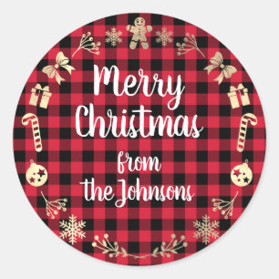 Merry Christmas From Name Gold Lumberjack Plaid Classic Round Sticker