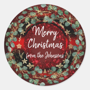 Merry Christmas From Name Maroon Mint Gold Wreath Classic Round Sticker