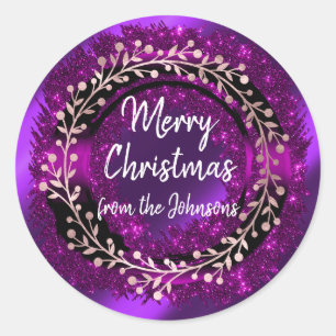 Merry Christmas From Name PurpleRose Winter Wreath Classic Round Sticker