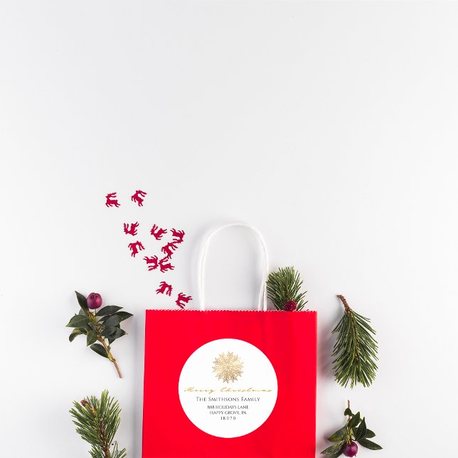 Merry Christmas From Name Whit Gold RSVP Snowflake Classic Round Sticker (Merry Christmas From Name Whit Gold RSVP Snowflake Classic Round Sticker)