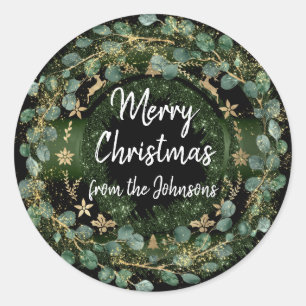 Merry Christmas From Name Winter Green Gold Wreath Classic Round Sticker