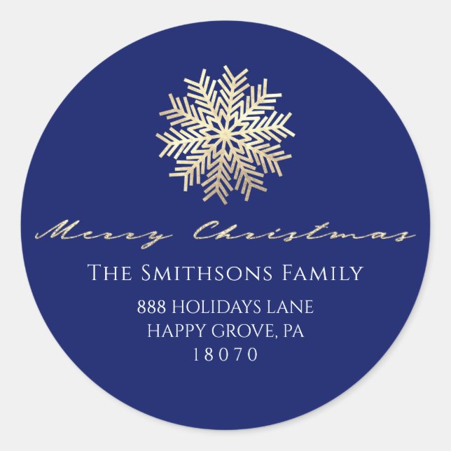 Merry Christmas From Navy Gold RSVP Snowflake Classic Round Sticker (Front)