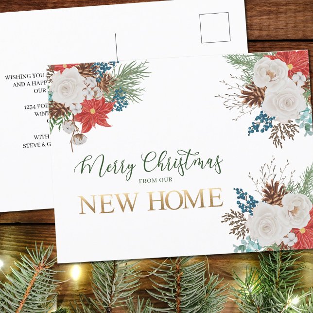 Merry Christmas from New Home Poinsettia and Pine Holiday Postcard (Creator Uploaded)